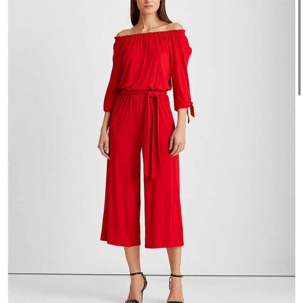 Off-Shoulder Tie Sleeve Jumpsuit - Ralph Lauren - Red - like new